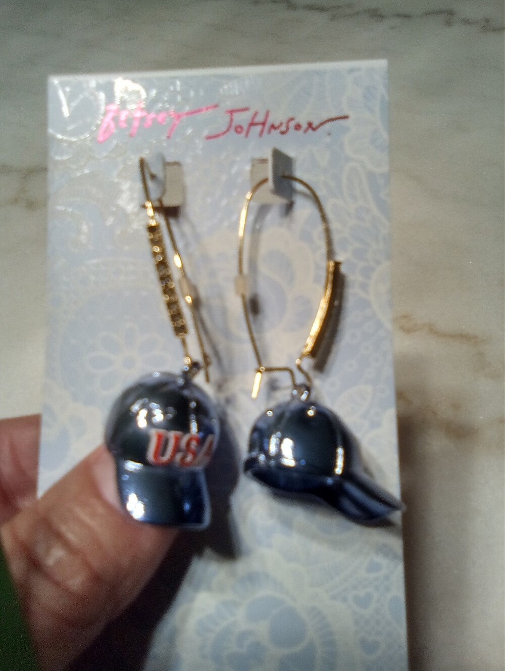 Betsey Johnson CUTE Baseball Cap Dangly Earrings